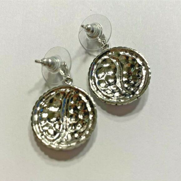 Silver Tone pierced earrings drop dangle rounds - Picture 2 of 3